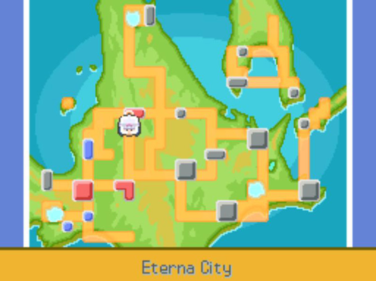 Eterna City on the Town Map. / Pokémon Platinum
