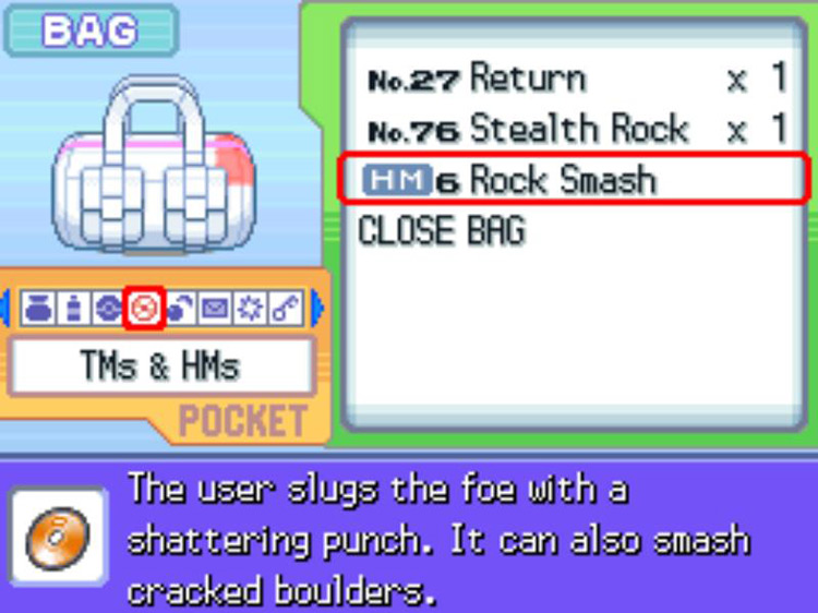 The in-game description for HM06 Rock Smash. / Pokémon Platinum