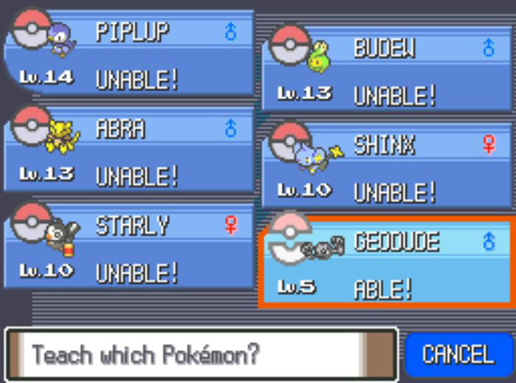 Teaching HM06 Rock Smash to a Pokémon. / Pokémon Platinum