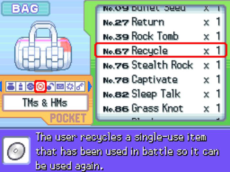 In-game description for TM67 Recycle. / Pokémon Platinum