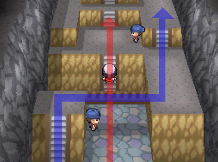 Choose the red path to fight the trainers, or the blue path to avoid them. / Pokémon Platinum