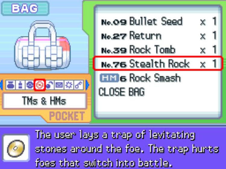 In-game description for TM76 Stealth Rock / Pokémon Platinum