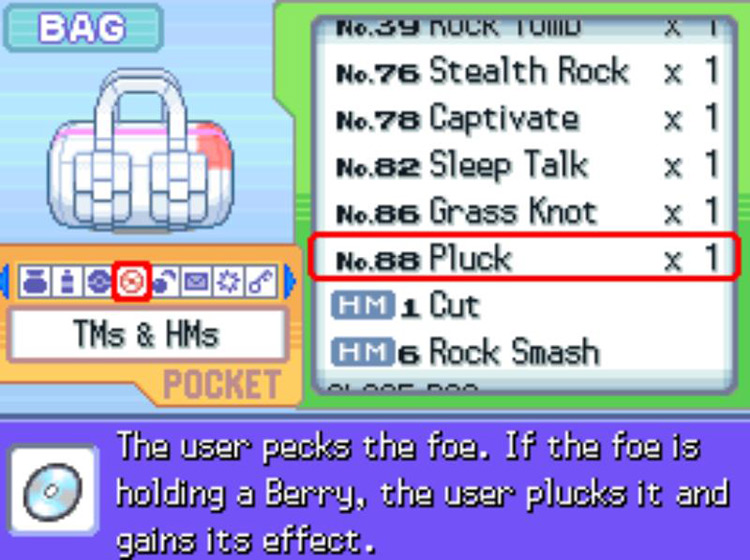 In-game description for TM88 Pluck / Pokémon Platinum