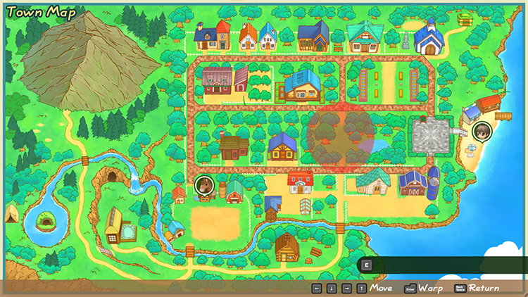Interface of the Town Map with the forageable locations highlighted. / Story of Seasons: Friends of Mineral Town