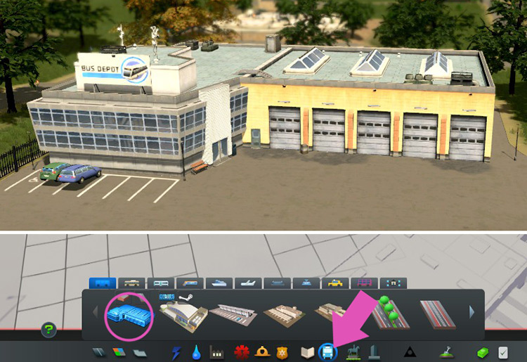 The depot is the first item in the Bus tab of the Transport menu. / Cities: Skylines