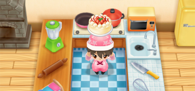 Holding a Strawberry Cake in Story of Seasons: FoMT