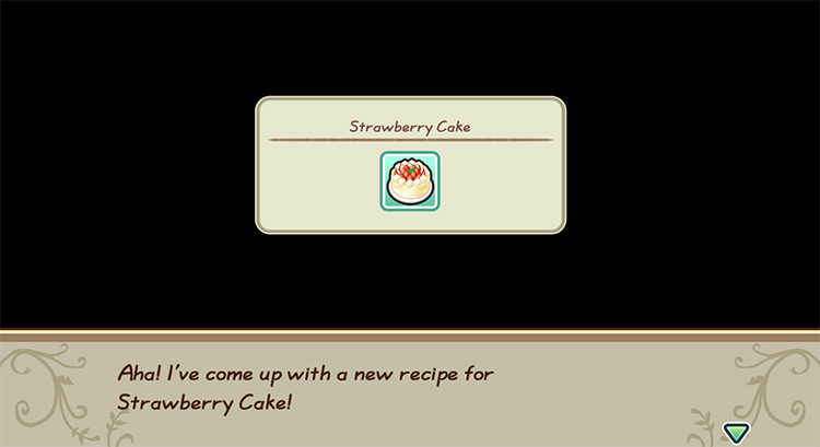The farmer gets inspired to cook Strawberry Cake while in the kitchen. / Story of Seasons: Friends of Mineral Town