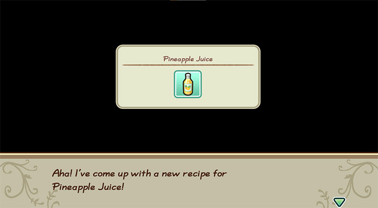 The farmer gets inspired to cook Pineapple Juice while in the kitchen. / Story of Seasons: Friends of Mineral Town