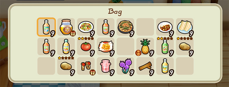 Interface of the farmer’s inventory with the ingredient quality indicated. / Story of Seasons: Friends of Mineral Town