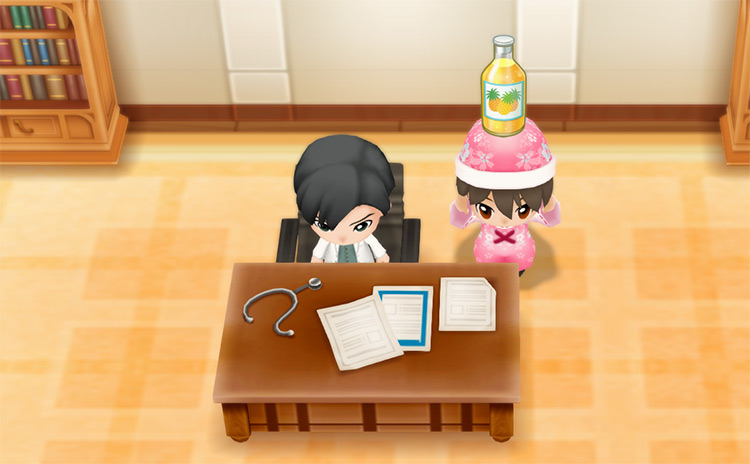 The farmer stands next to Doctor while holding a glass of Pineapple Juice. / Story of Seasons: Friends of Mineral Town