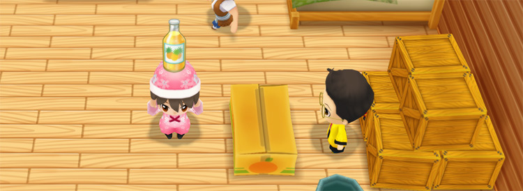 The farmer stands in front of Huang’s counter while holding a glass of Pineapple Juice. / Story of Seasons: Friends of Mineral Town