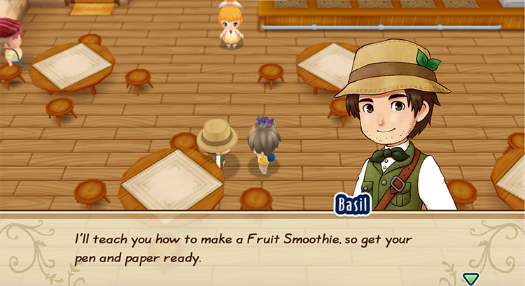 Basil offers to teach the farmer the recipe for Fruit Smoothie. / Story of Seasons: Friends of Mineral Town