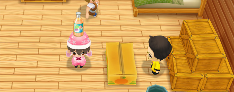 The farmer stands in front of Huang’s counter while holding a Fruit Smoothie. / Story of Seasons: Friends of Mineral Town