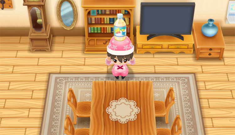 The farmer holds a Mixed Smoothie in front of the dining table. / Story of Seasons: Friends of Mineral Town
