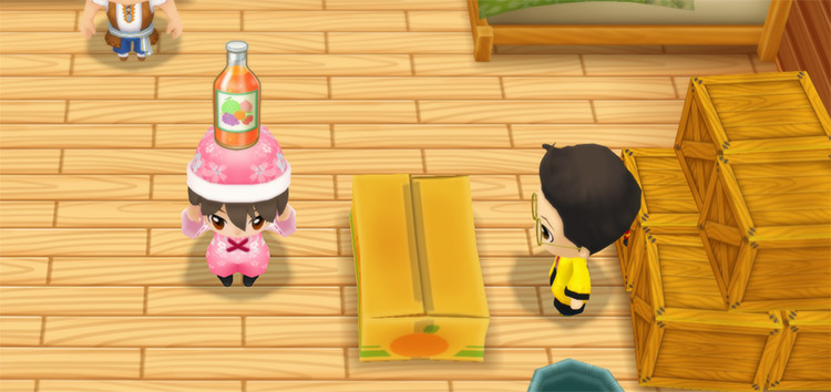 The farmer stands in front of Huang’s counter while holding a glass of Fruit Juice. / Story of Seasons: Friends of Mineral Town