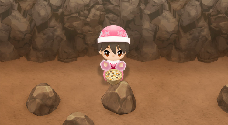 The farmer eats Mushroom Rice to restore stamina while mining. / Story of Seasons: Friends of Mineral Town