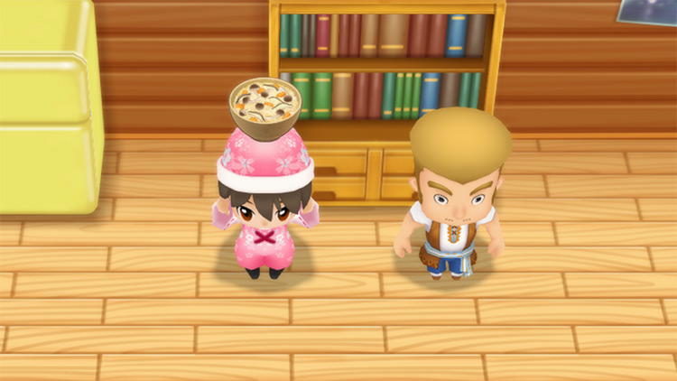 The farmer stands next to Zack while holding a bowl of Mushroom Rice. / Story of Seasons: Friends of Mineral Town