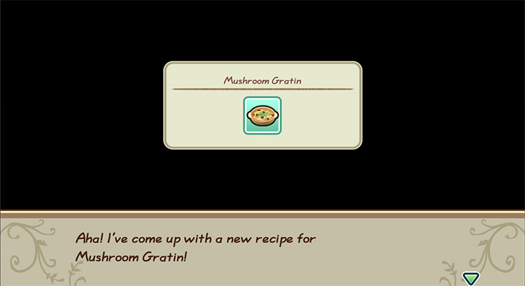 The farmer gets inspired to cook Mushroom Gratin while in the kitchen. / Story of Seasons: Friends of Mineral Town