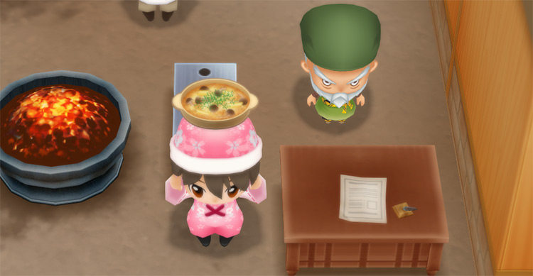 The farmer stands next to Saibara while holding a pot of Mushroom Gratin. / Story of Seasons: Friends of Mineral Town