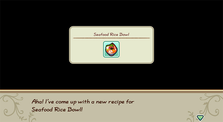 The farmer gets inspired to cook Seafood Rice Bowl while in the kitchen. / Story of Seasons: Friends of Mineral Town