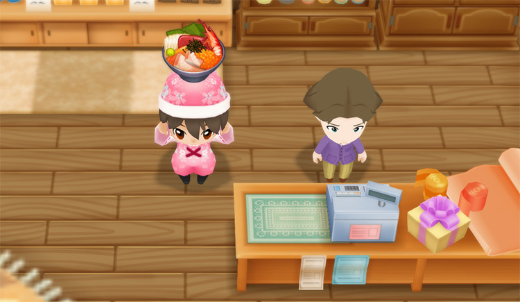 The farmer stands next to Jeff while holding a serving of Seafood Rice Bowl. / Story of Seasons: Friends of Mineral Town