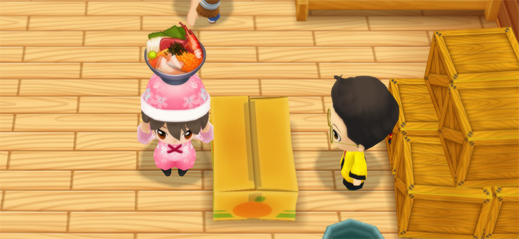 The farmer stands in front of Huang’s counter while holding a serving of Seafood Rice Bowl. / Story of Seasons: Friends of Mineral Town