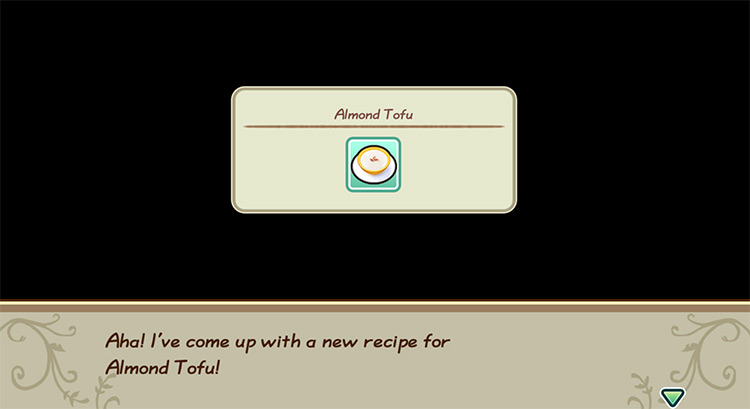 The farmer gets inspired to cook Almond Tofu while in the kitchen. / Story of Seasons: Friends of Mineral Town
