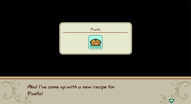 The farmer gets inspired to cook Paella while in the kitchen. / Story of Seasons: Friends of Mineral Town