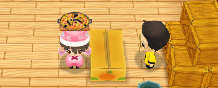 The farmer stands in front of Huang’s counter while holding a pot of Paella. / Story of Seasons: Friends of Mineral Town