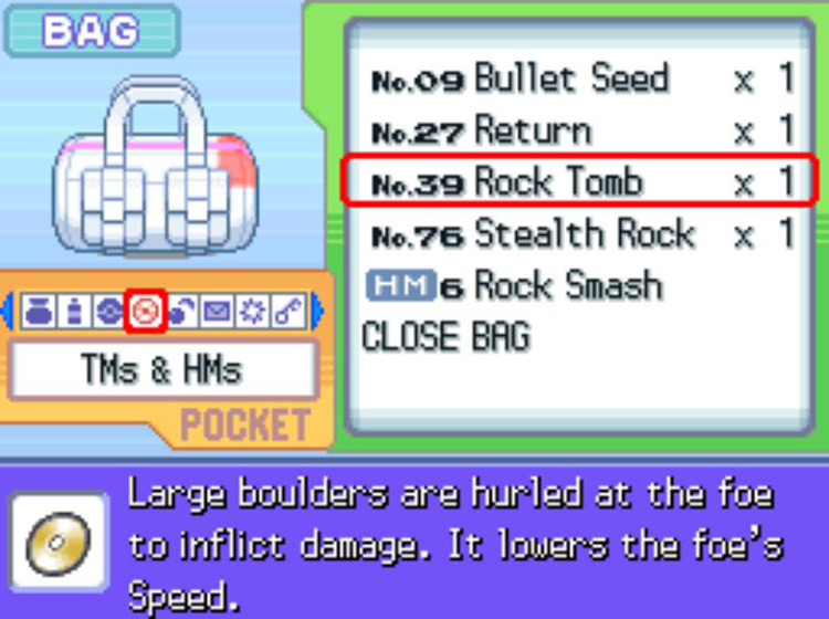 In-game description of TM39 Rock Tomb. / Pokémon Platinum