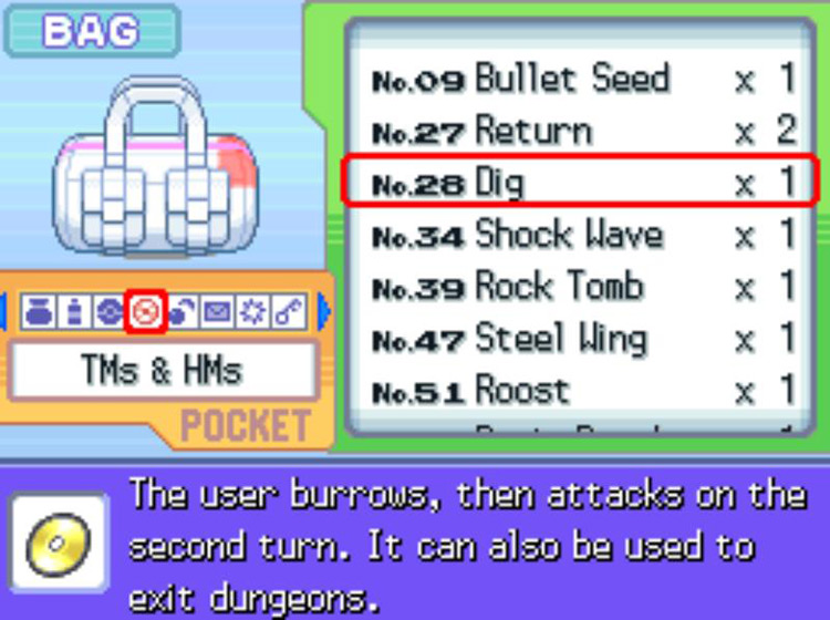 In-game description for TM28 Dig. / Pokémon Platinum