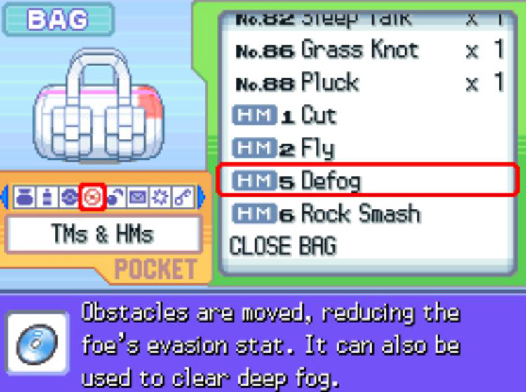 In-game description of HM05 Defog. / Pokémon Platinum