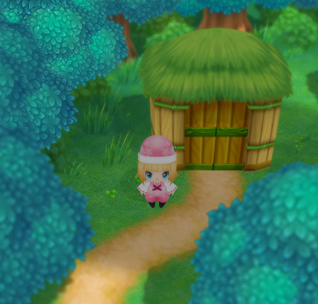 The farmer stands outside the Nature Sprites’ hut, next to the door. / Story of Seasons: Friends of Mineral Town