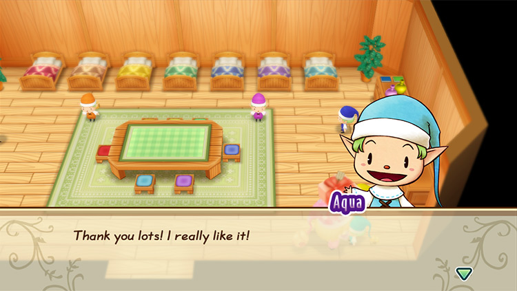 Aqua’s reaction when the farmer gives him a loved gift. / Story of Seasons: Friends of Mineral Town