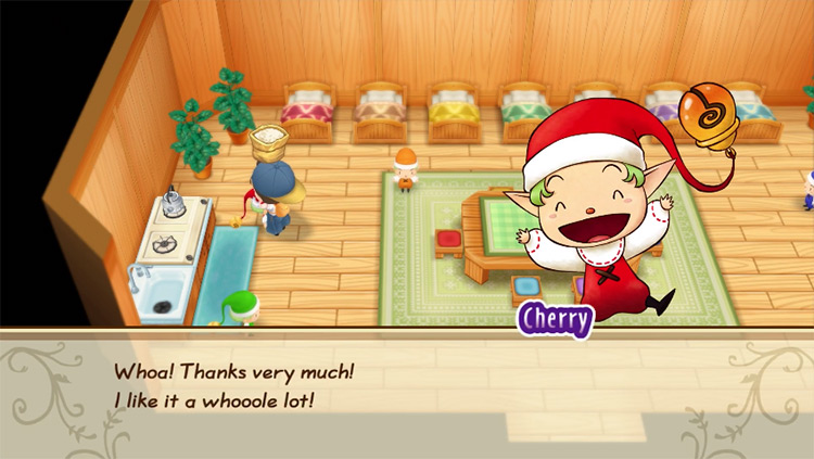 Cherry’s reaction when the farmer gives him a loved gift. Source / Story of Seasons: Friends of Mineral Town