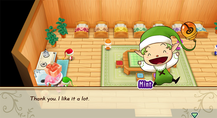 Mint’s reaction when the farmer gives him a loved gift. / Story of Seasons: Friends of Mineral Town