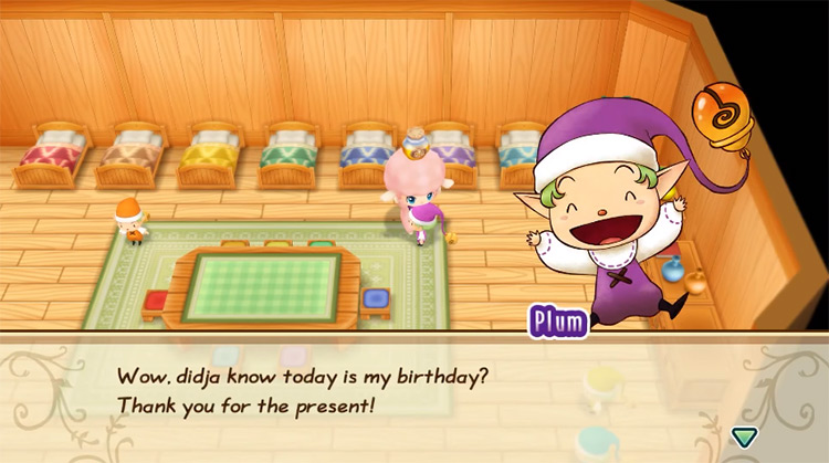 Plum’s reaction when the farmer gives him a loved gift on his birthday. Source / Story of Seasons: Friends of Mineral Town