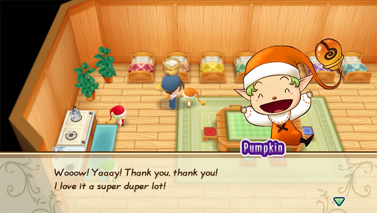 Pumpkin’s reaction when the farmer gives him a loved gift. Source / Story of Seasons: Friends of Mineral Town