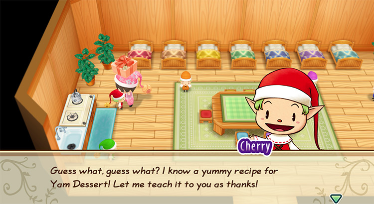 Cherry offers to teach the farmer the recipe for Yam Desert. / Story of Seasons: Friends of Mineral Town