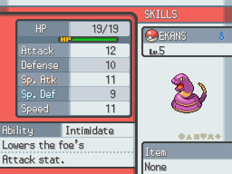 Ekans with the “Intimidate” Ability. Their level does not matter for this strategy / Pokémon HGSS
