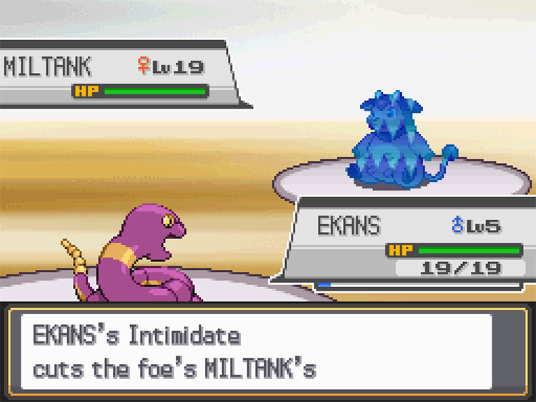 Activating Ekans’ “Intimidate” ability once will reduce Miltank’s Attack by 33% / Pokémon HGSS