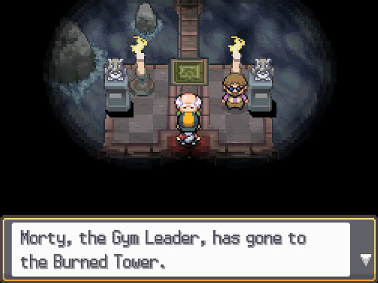 An old man blocking entry to the rest of the Ecruteak City Gym / Pokémon HGSS