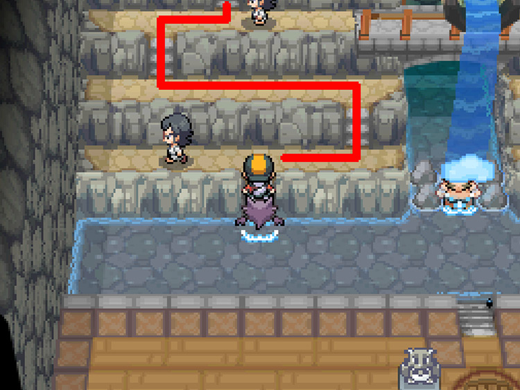 The path to the winch, highlighted in red / Pokémon HGSS