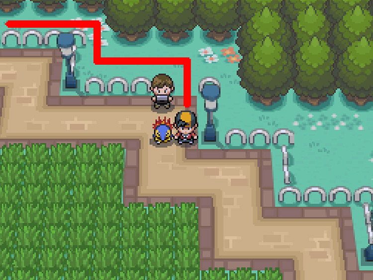 The gap between the upper fences, with the path highlighted in red / Pokémon HGSS