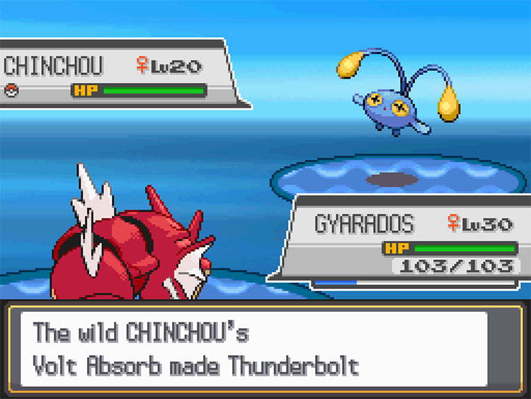 A wild Chinchou with Volt Absorb stopping a Thunderbolt / Pokémon HGSS