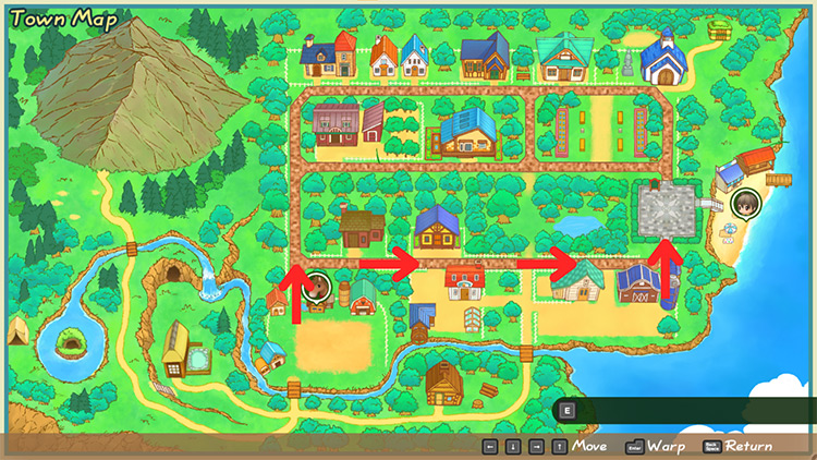 A map of Mineral Town with directions to Rose Plaza / SoS: FoMT