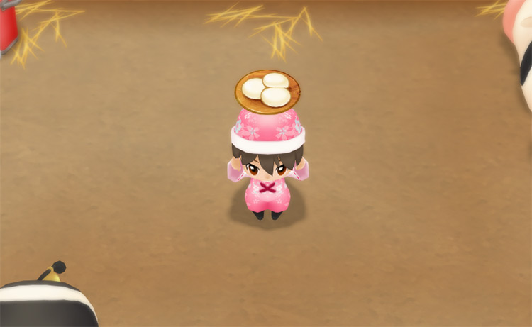 The farmer holds up a plate of Mochi / SoS: FoMT