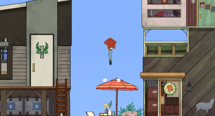 Bouncing on top of the parasol. / Spiritfarer