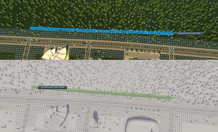 A similar length of tracks costs nearly 5 times as much when built underground. / Cities: Skylines
