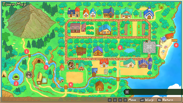 A map of Mineral Town labeled with fishing spots. / Story of Seasons: Friends of Mineral Town